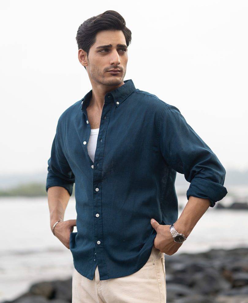 Dark Teal Linen Blend Shirt