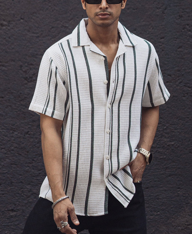 White and Green Structured Striped Regular Half Sleeve Shirt