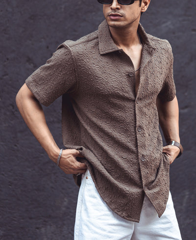 Dark Beige Textured Half Sleeves Shirt