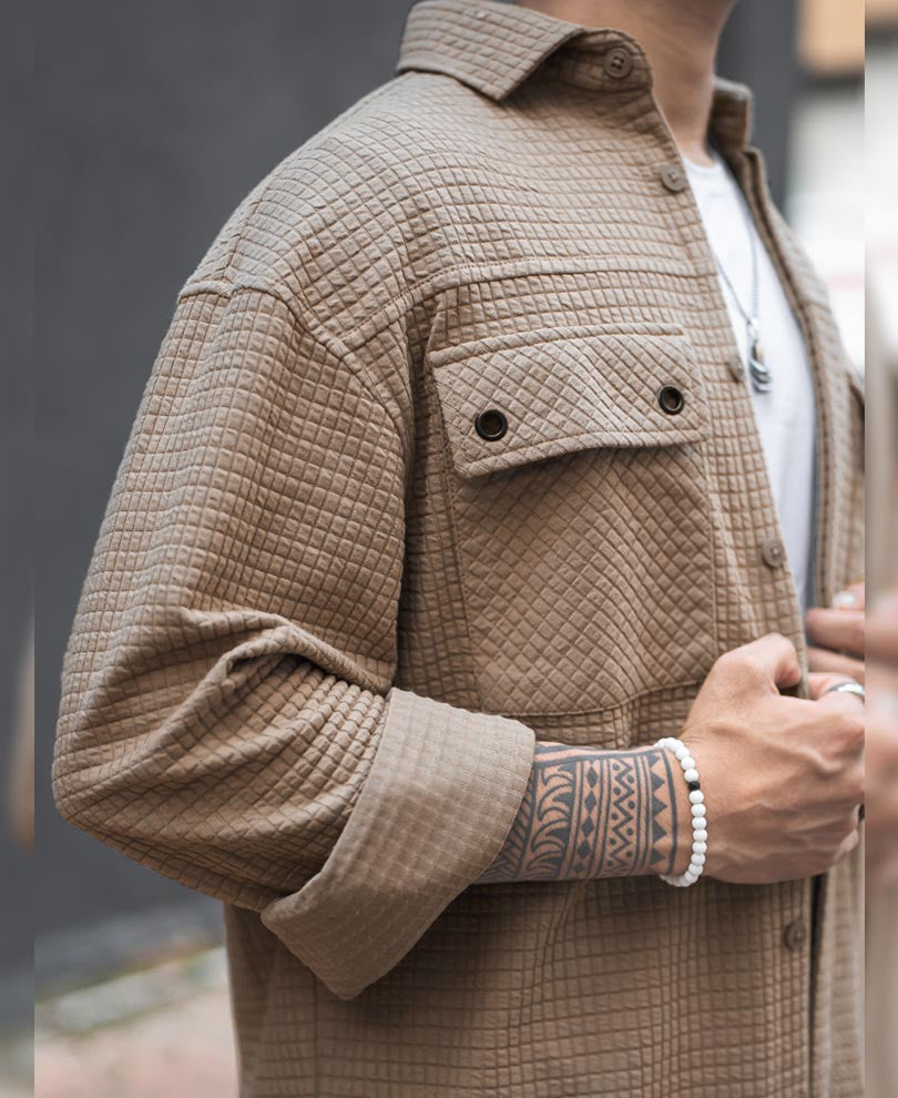 Camel Structured Double Pockets Shacket Oversized Shirt