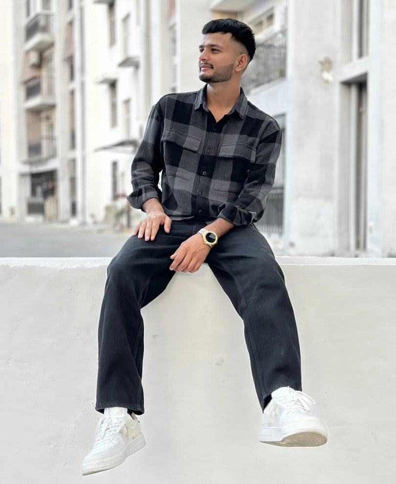 Oversized Shirts- Charcoal Black Checked Print Shirts for Men