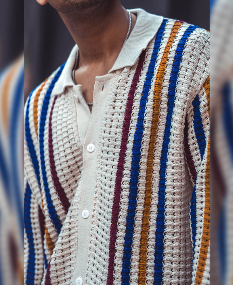 Multicolor Crochet Knit Striped Oversized Shirts