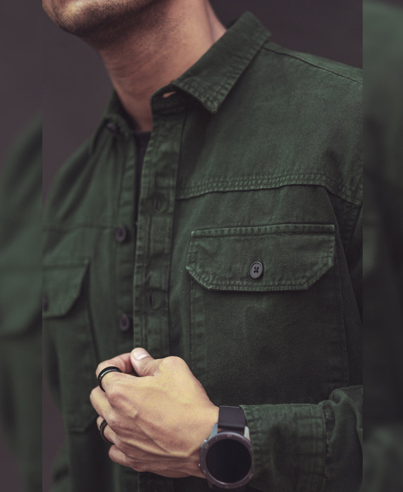 Dark Green Denim Shacket Full Sleeves Shirt