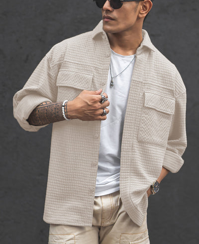 Cream Structured Knit Oversized Shirt