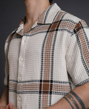 Off White and Brown Structured Checks Half Sleeves Shirt