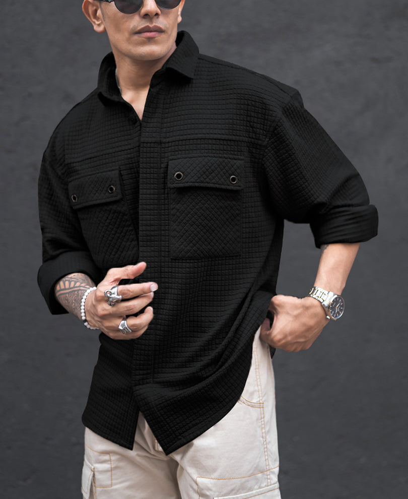 Black Structured Knit Full Sleeves Oversized Shirt
