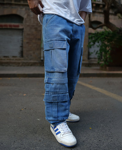 Light Blue Denim Cargo Baggy Fit Jeans