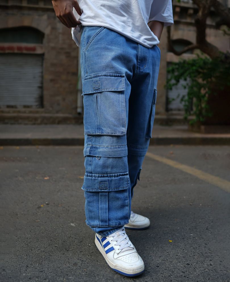 Light Blue Denim Cargo Baggy Fit Jeans