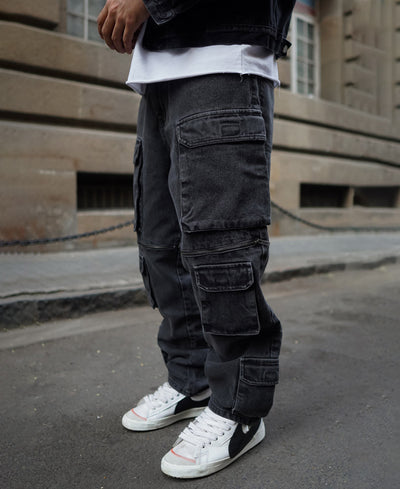 Black Denim Cargo Pocket Baggy Fit Jeans