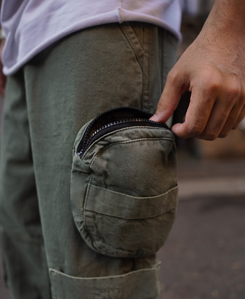 Dark Green Denim Cargo Pocket Baggy Fit Jeans
