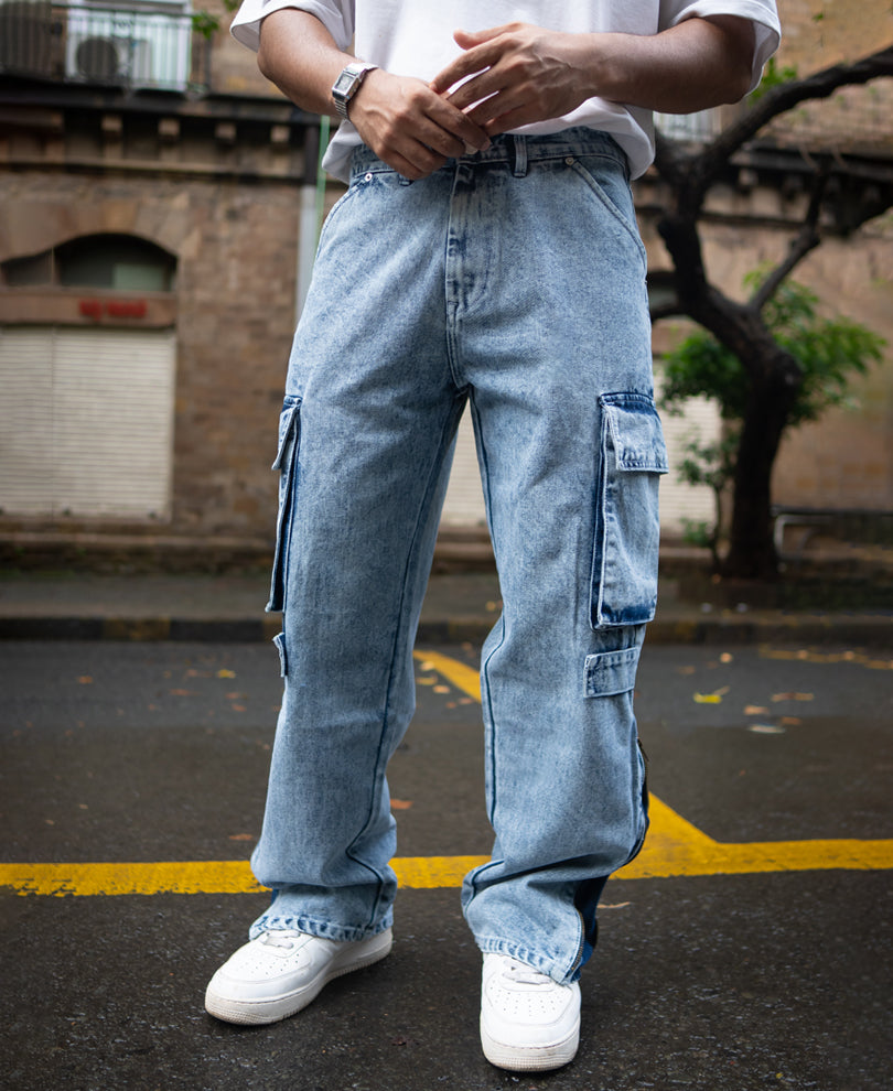 Ice Blue Baggy Fit Cargo Pocket Denim Jeans