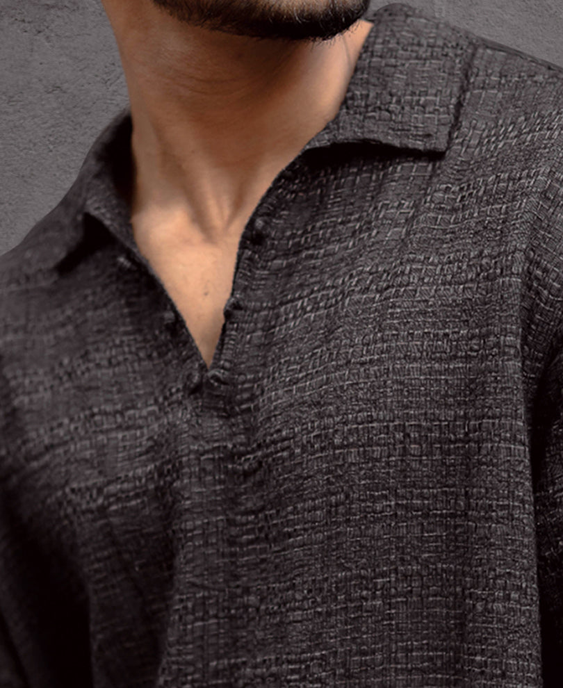 Black Kurta Style Regular Fit Full Sleeves Shirt