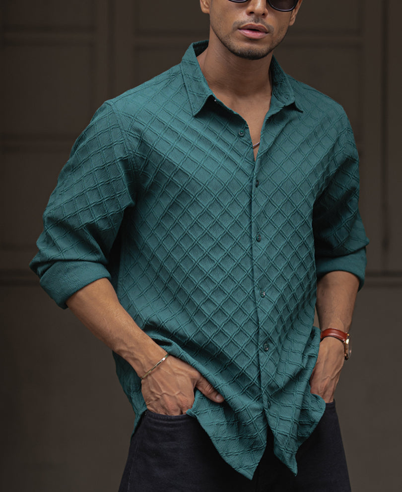 Green Plain Structured Regular Fit Full Sleeves Shirt