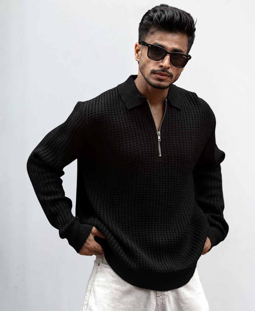 Black Knit Regular Fit Full Sleeves Tshirt