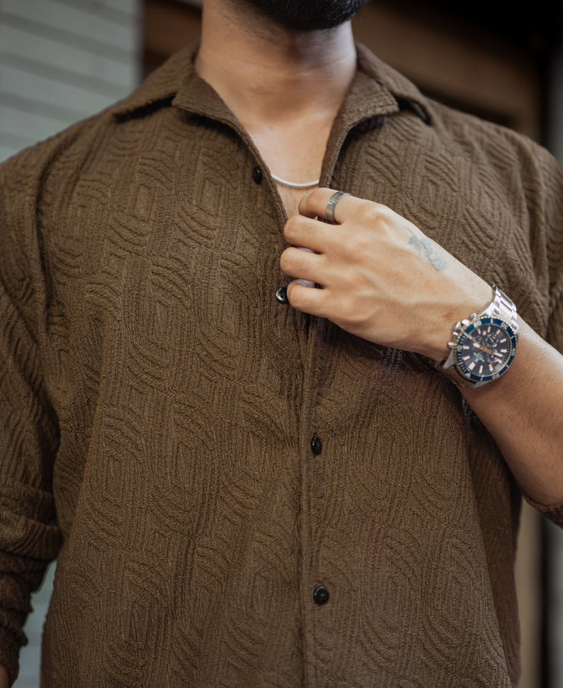 Brown Regular Fit Structured Full Sleeves Shirt