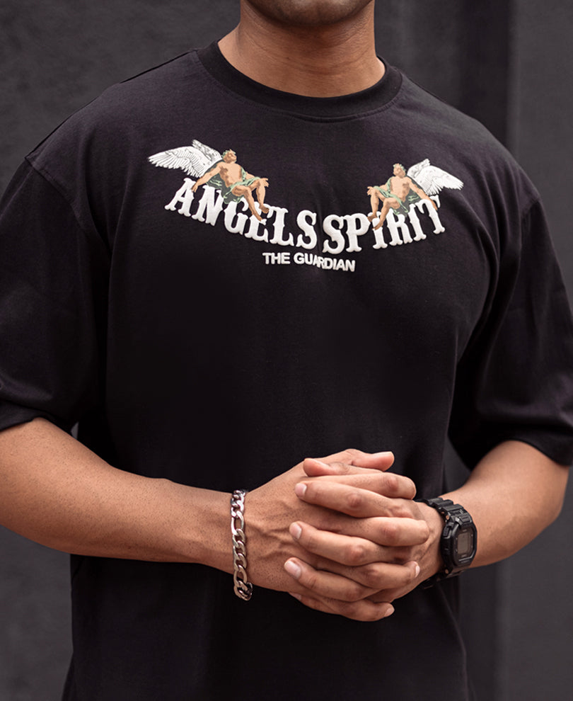 Black Printed Oversized Half Sleeves T Shirt with Side Zippers