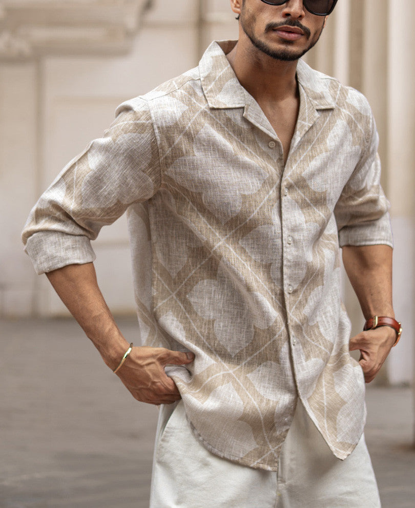 Beige Regular Fit Printed Full Sleeves Shirt