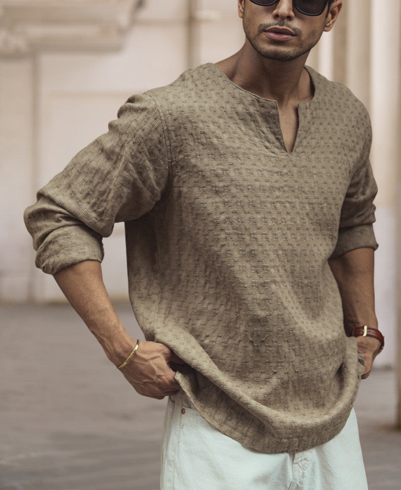 Beige Structured Regular Fit Full Sleeve Kurta Style Shirt