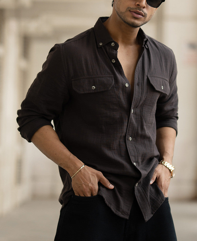 Dark Coffee Double Pocket Regular Fit Full Sleeves Shirt