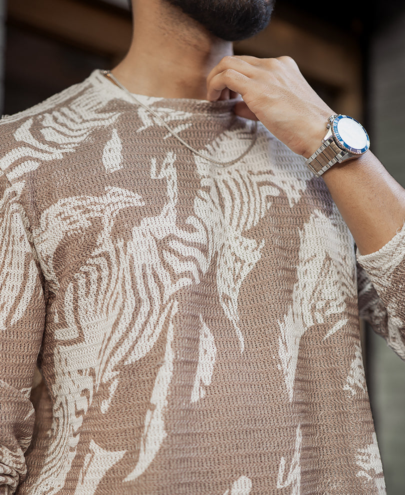 Off-White And Brown Regular Fit Printed Full Sleeves T-Shirt