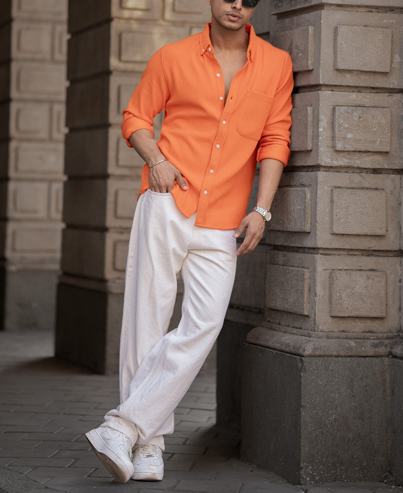 Orange Corduroy Regular Fit Full Sleeves Shirt