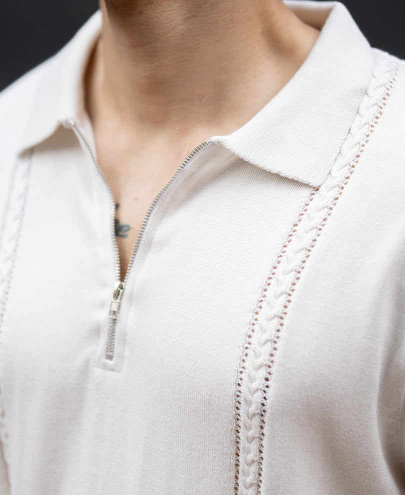 White Structured Knit Zipper T-Shirt.