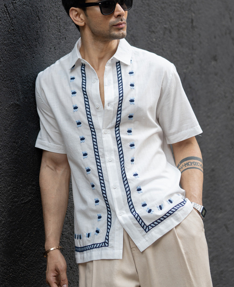 Off White Embroidered Cotton Shirt.