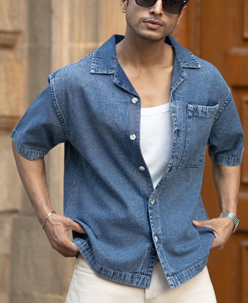 Dark Blue Washed Boxy Denim Shirt.