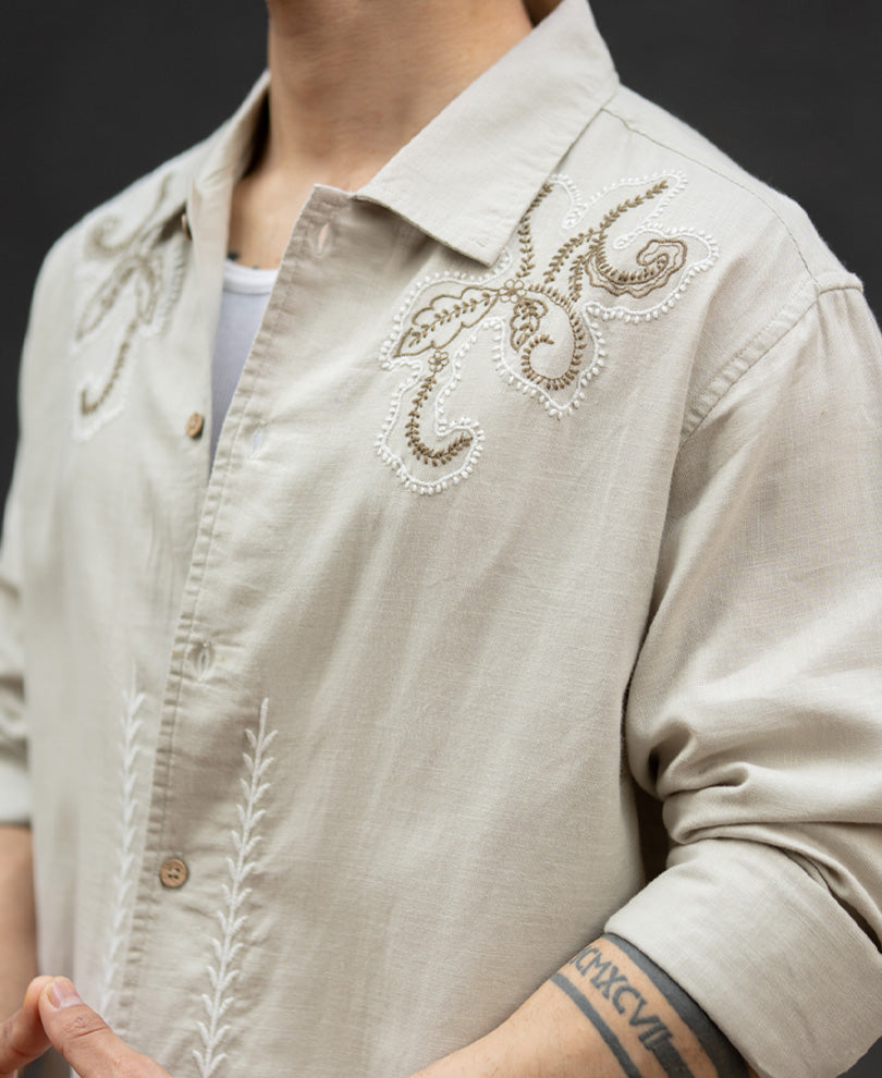 Beige Floral Embroidery Shirt.