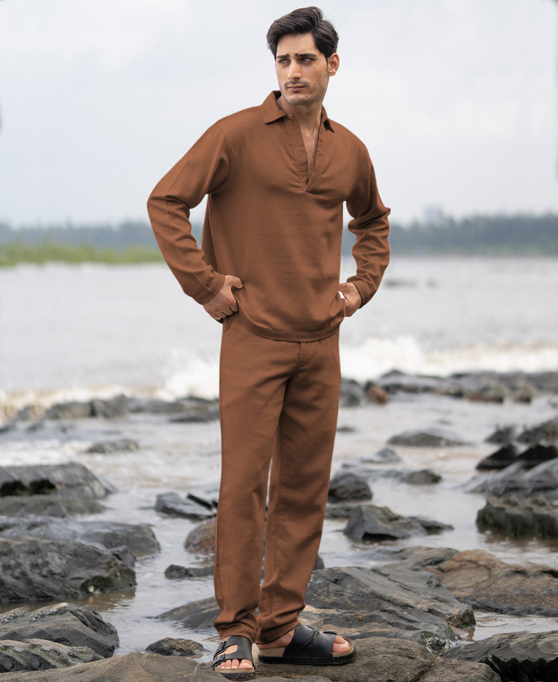 Brown Structured Cotton Trouser