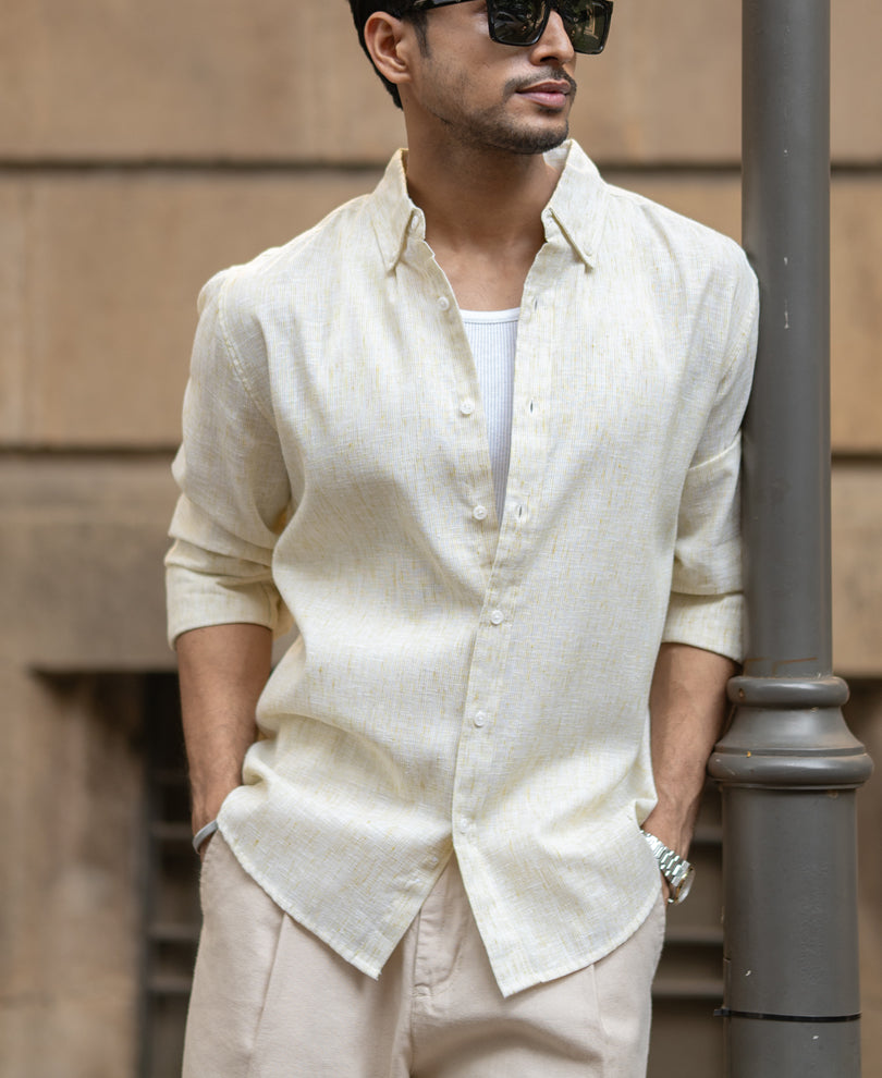 Pale Yellow Slub Stripe Shirt.