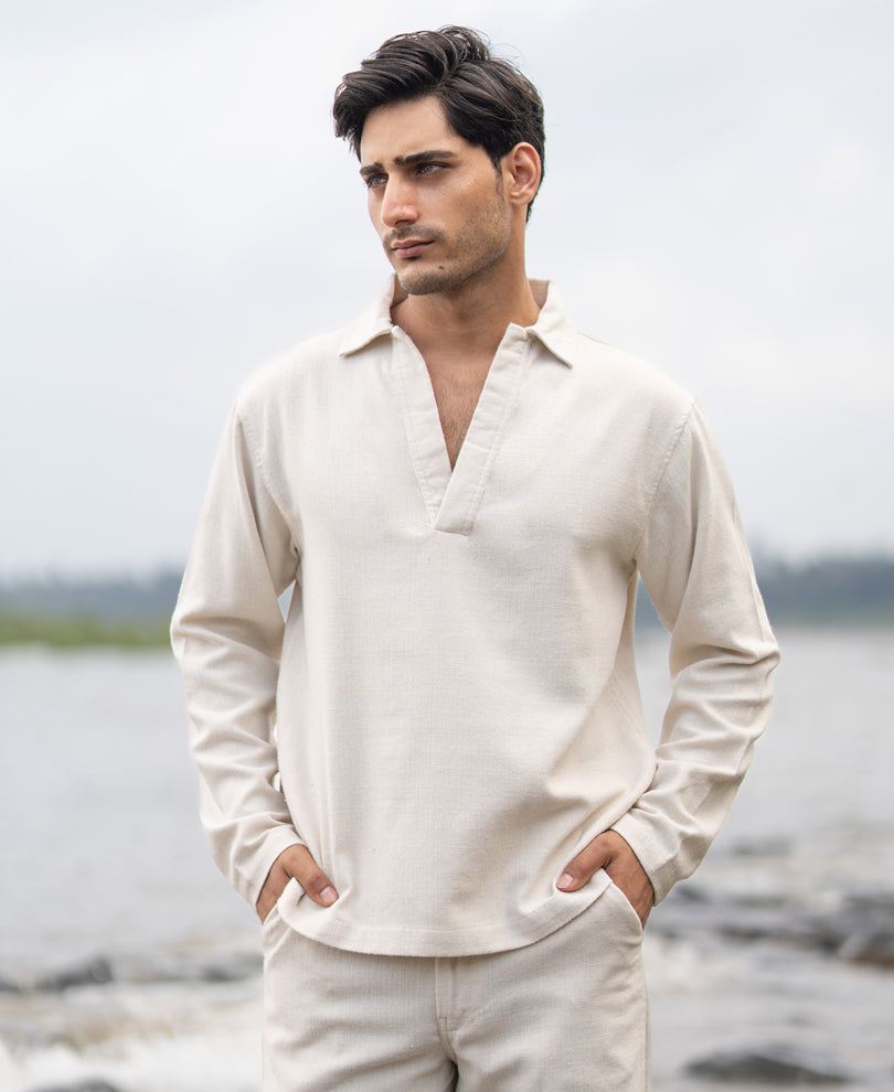Cream Striuctured Cotton Kurta Shirt