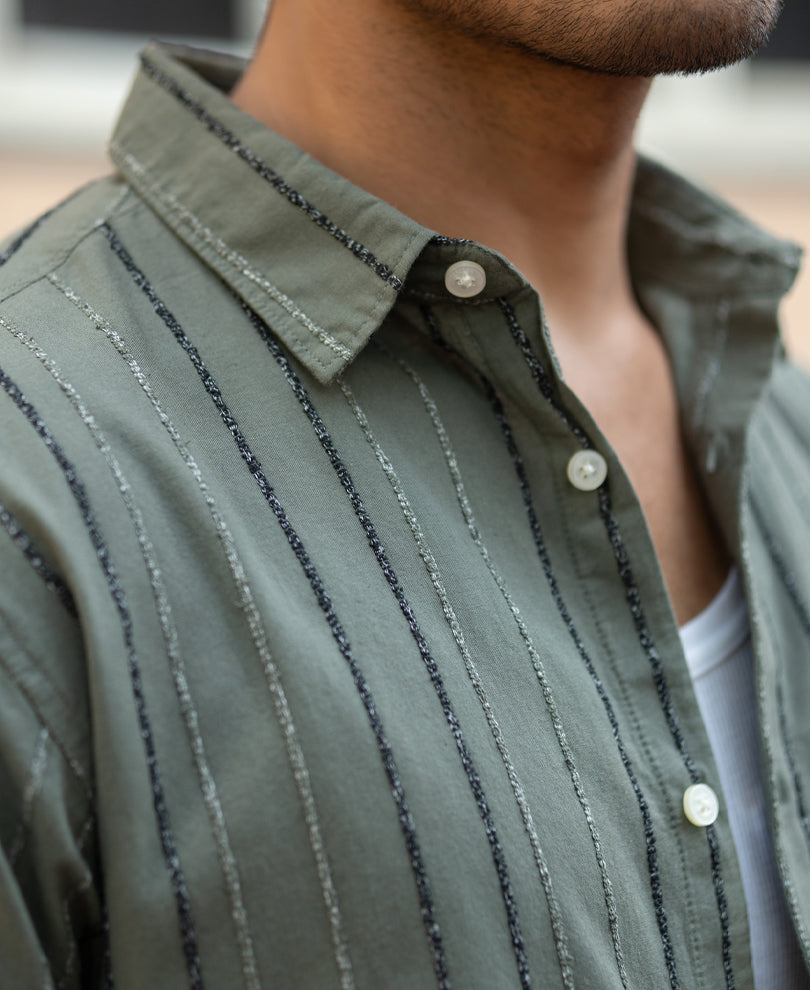 Olive Boucle Stripe Shirt.