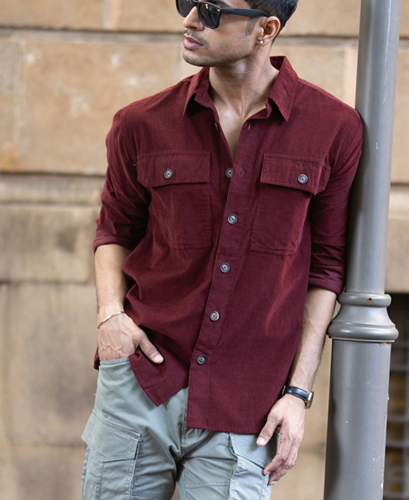 Wine Corduroy Shirt With Pockets