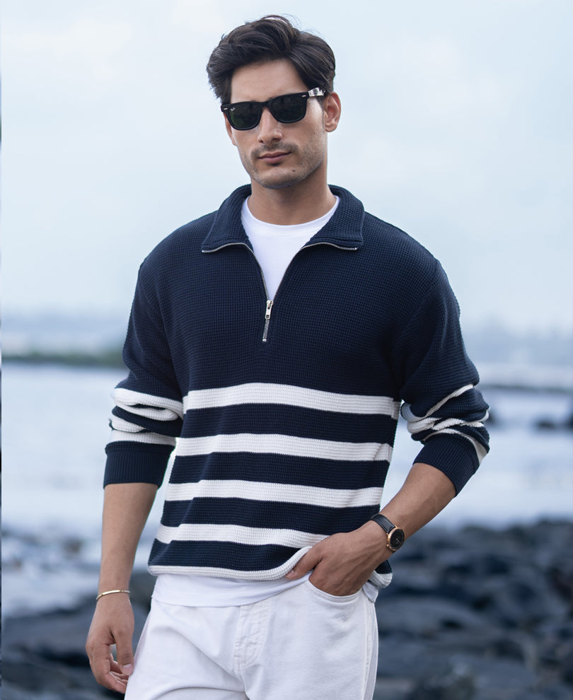Navy Striped Zipper Neck Sweater