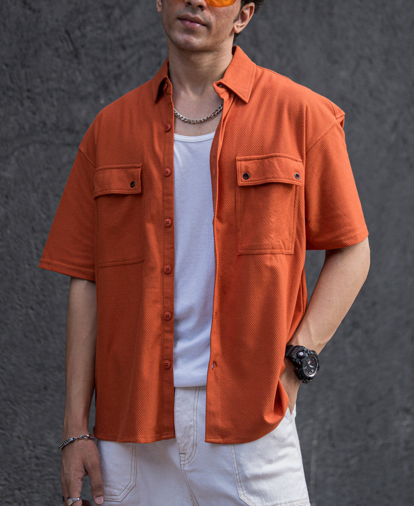 Orange Flap Pocket Knitted Shacket Oversize Drop Shoulder Shirt