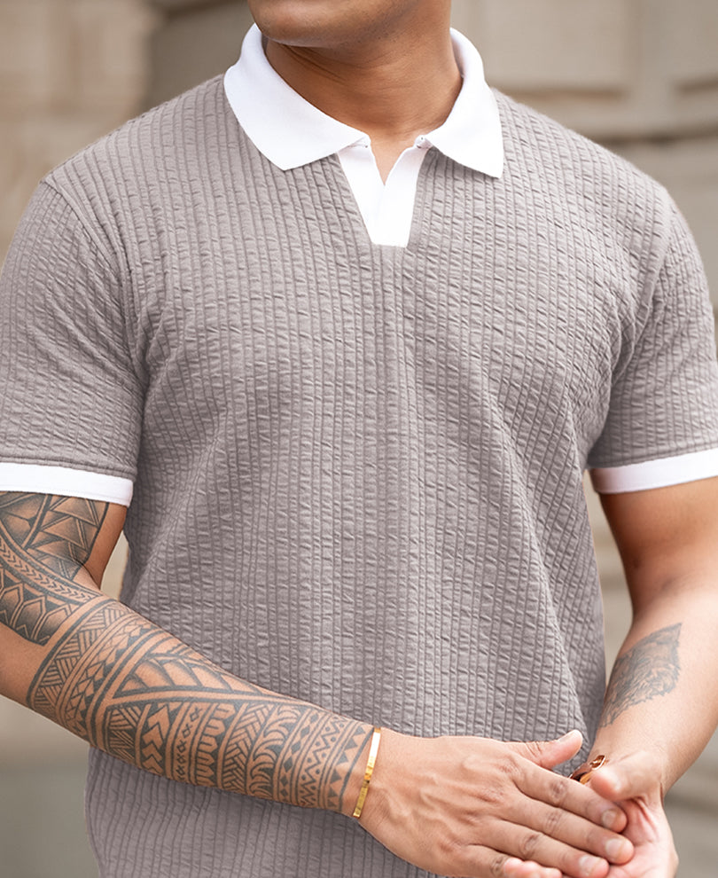 Grey Contrast Collar Polo T-Shirt