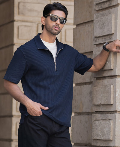 Navy Waffle Oversized Half Sleeves T-Shirt