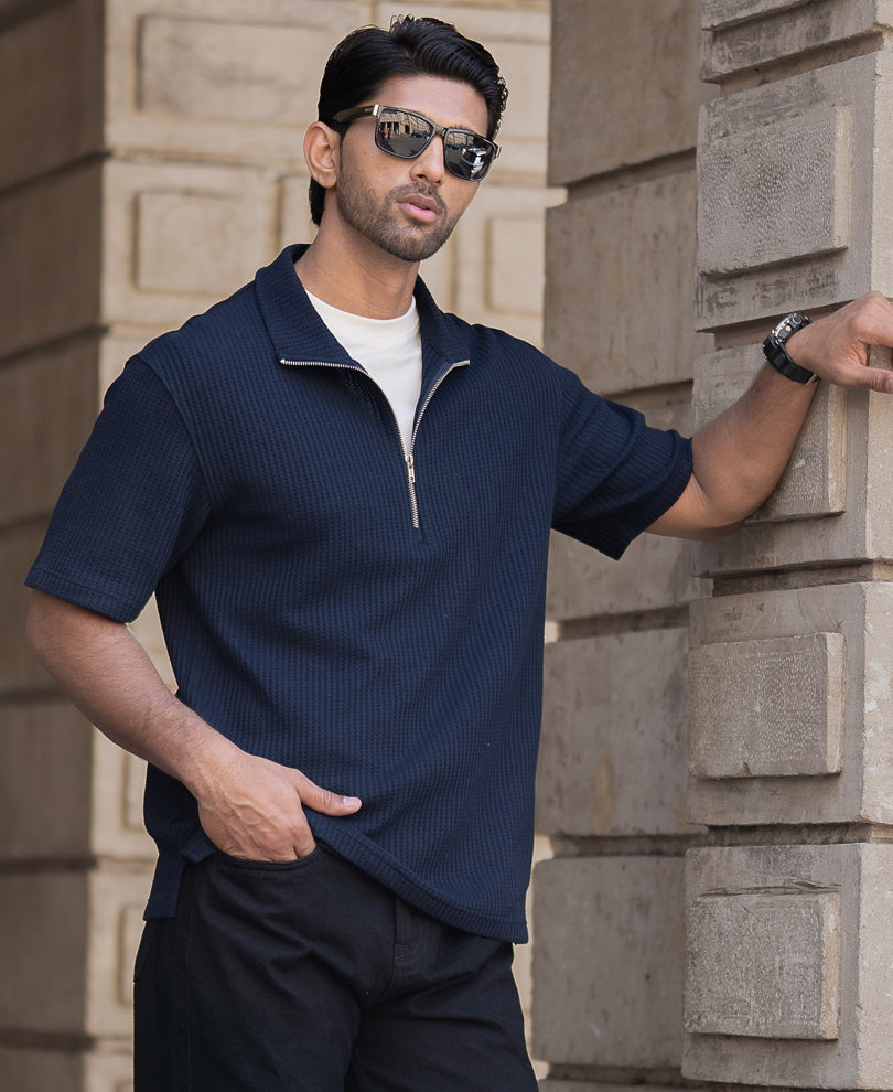 Navy Waffle Oversized Half Sleeves T-Shirt