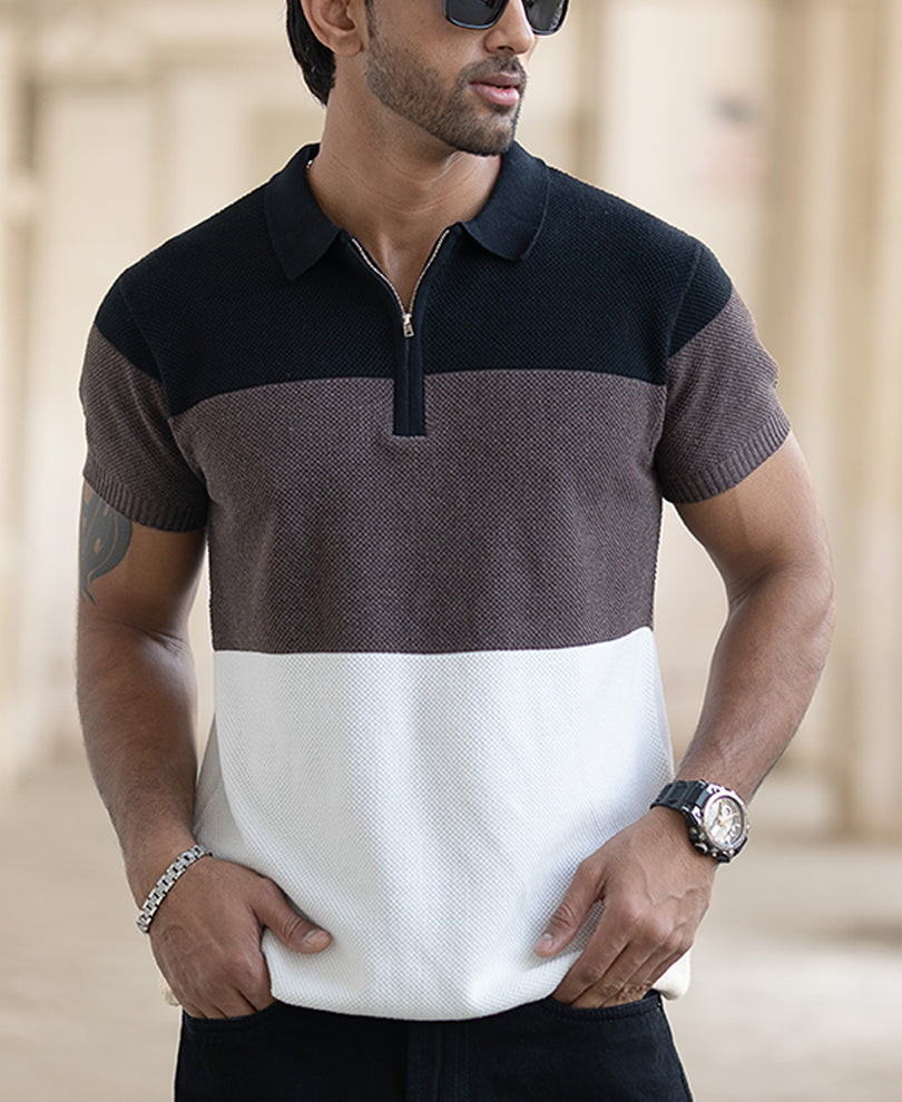 Colour Blocked Zipper Polo T-Shirt