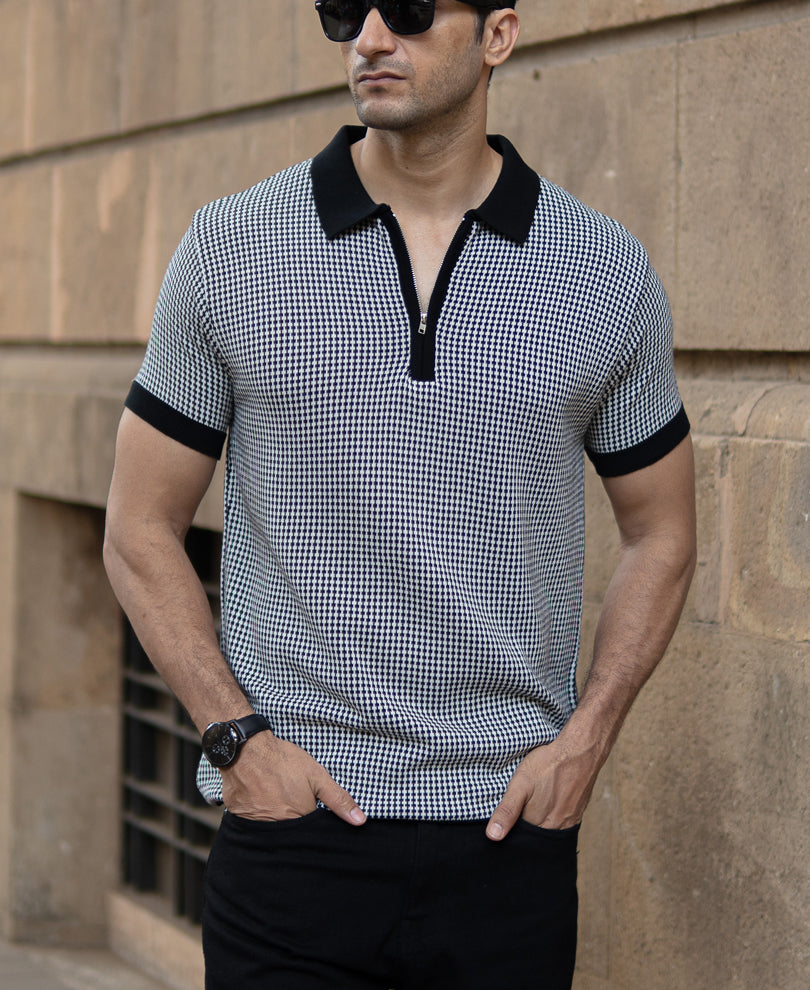 Black And White Knit Polo T-Shirt