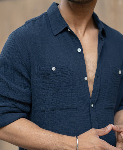 Navy Crinkled Shirt With Pockets