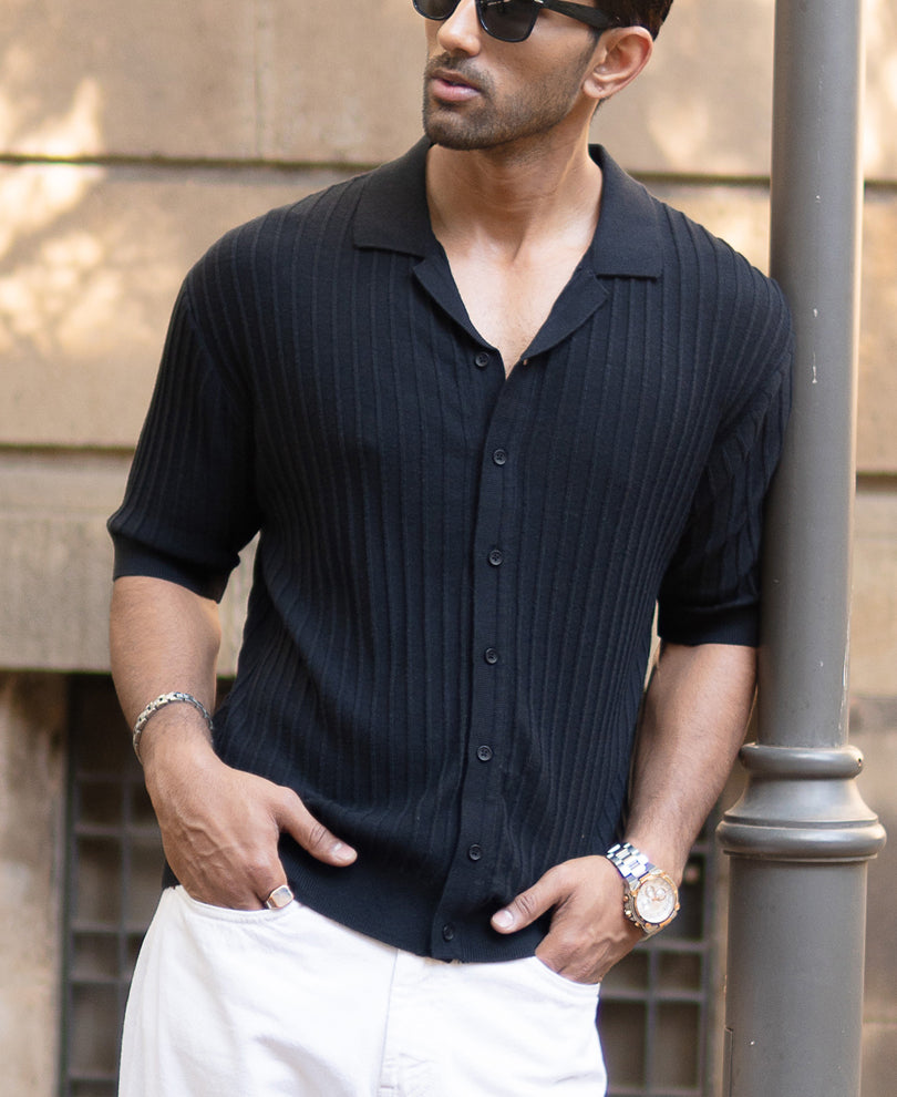 Black Rib Knit Cuban Shirt