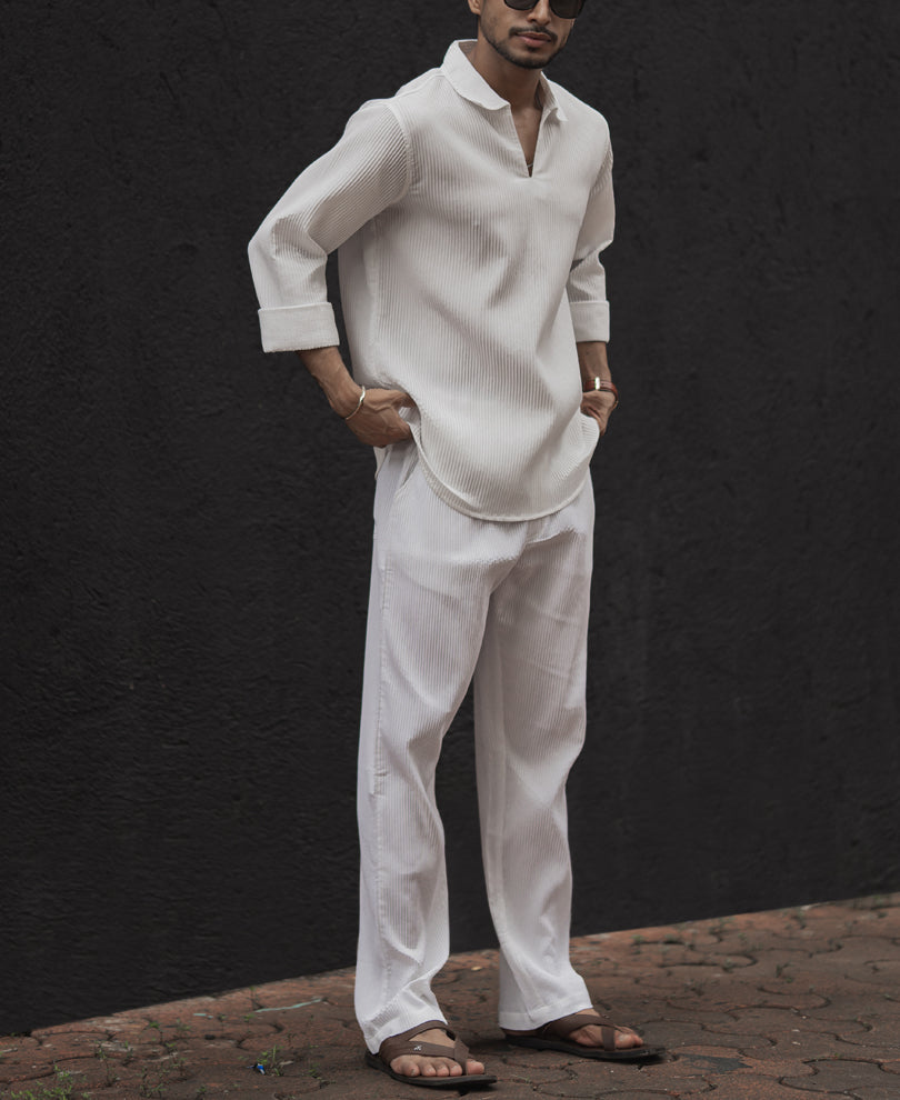 White Structured Regular Fit Full Sleeve Kurta Style Shirt
