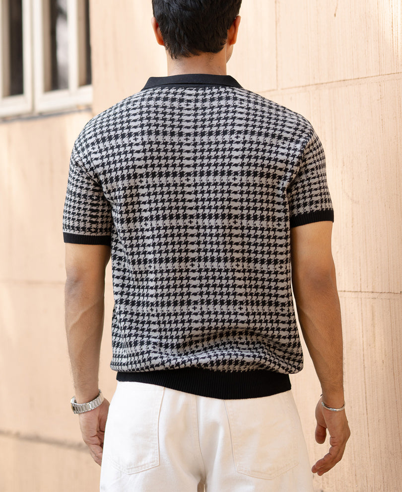 Grey Houndstooth Knit T-Shirt