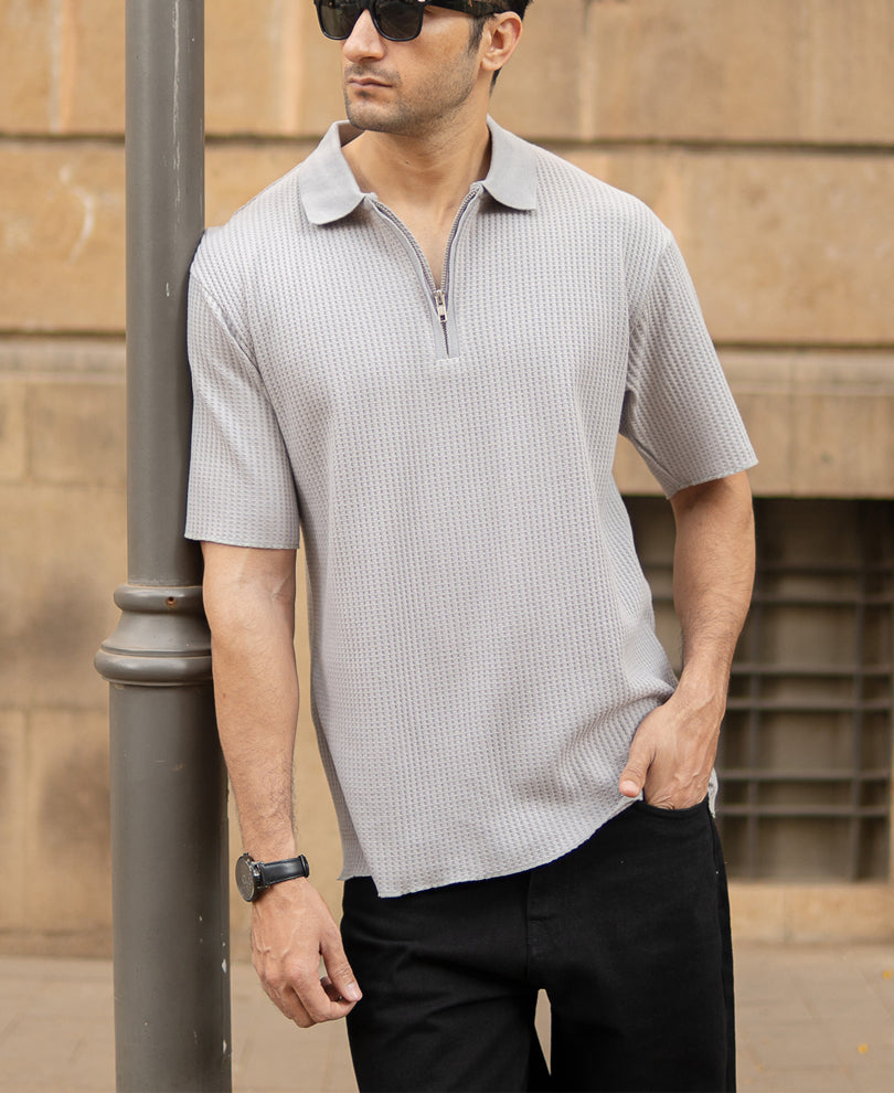 Grey Structured Zipper Polo T-Shirt