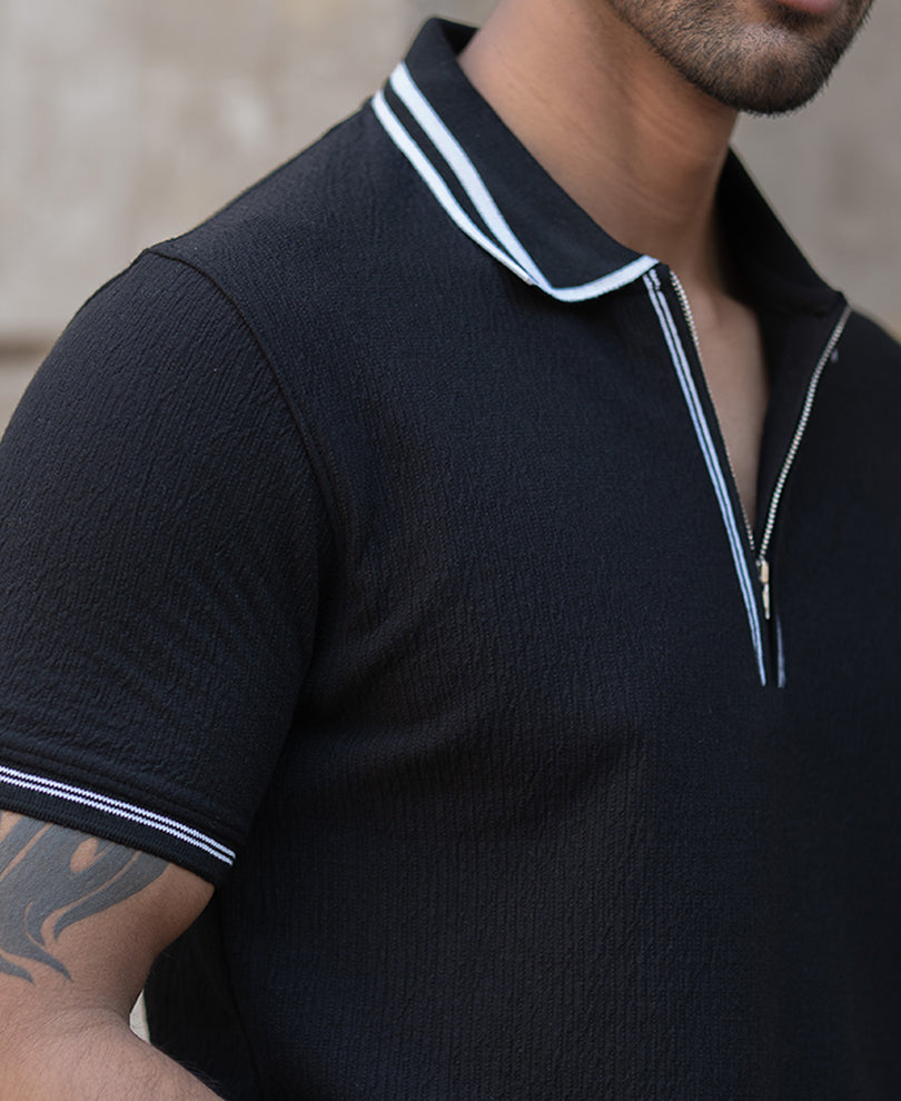 Black Regular Fit Structured Half Sleeves T-Shirt