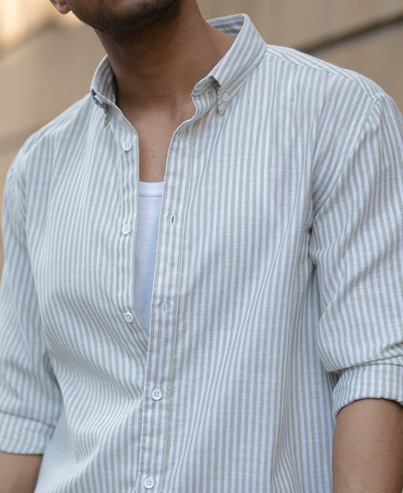 Green And White Stripes Regular Fit Full Sleeves Shirt