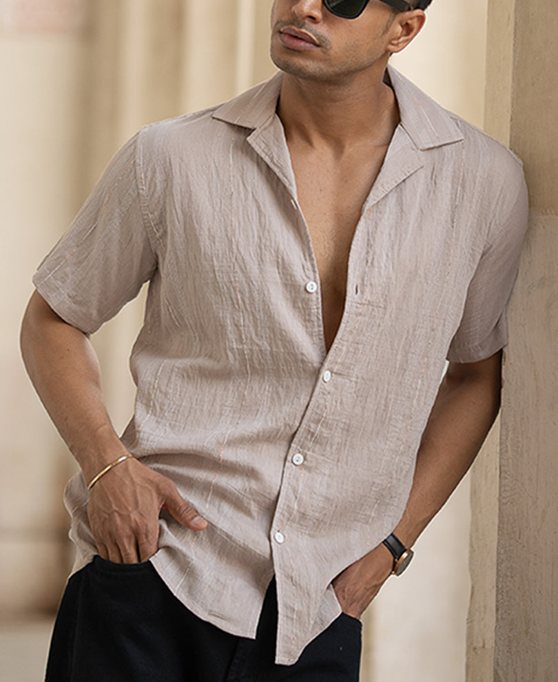 Lt Brown Micro Striped Flowy Shirt