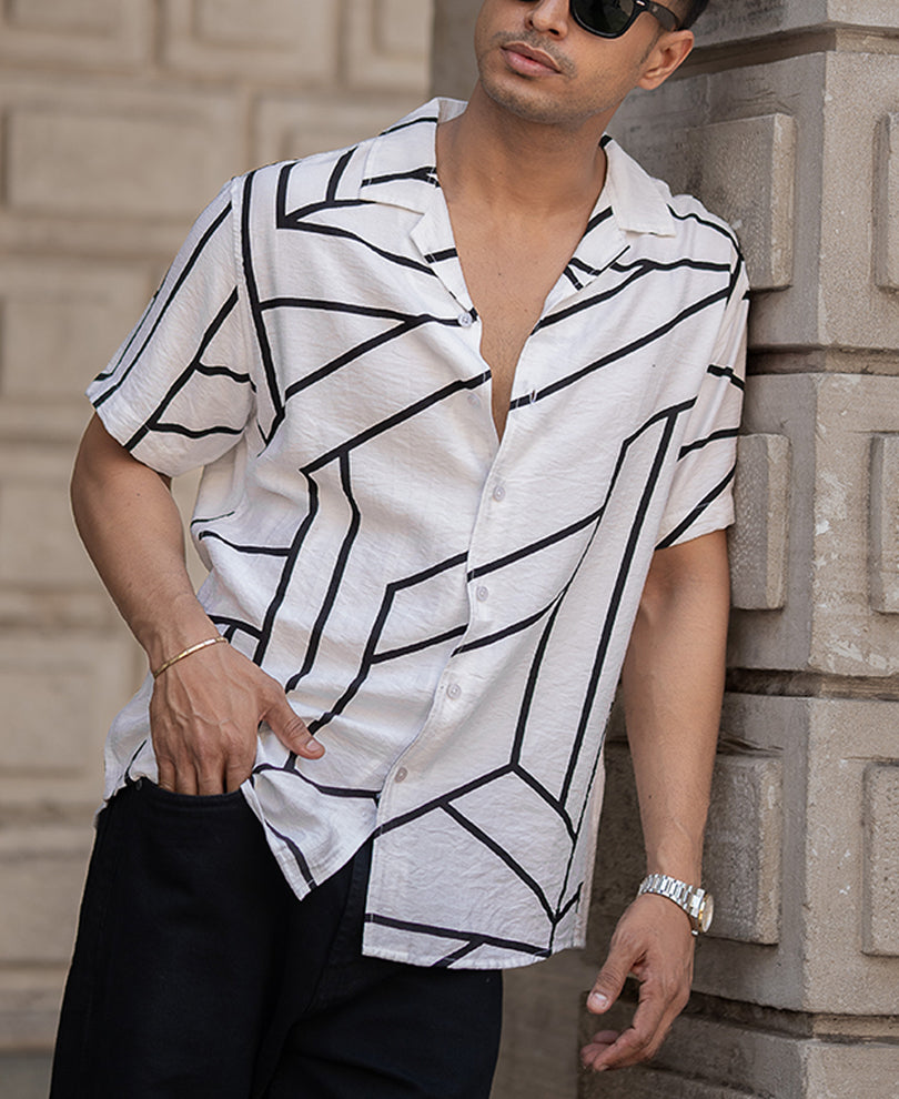 White Macro Geometric Print Shirt
